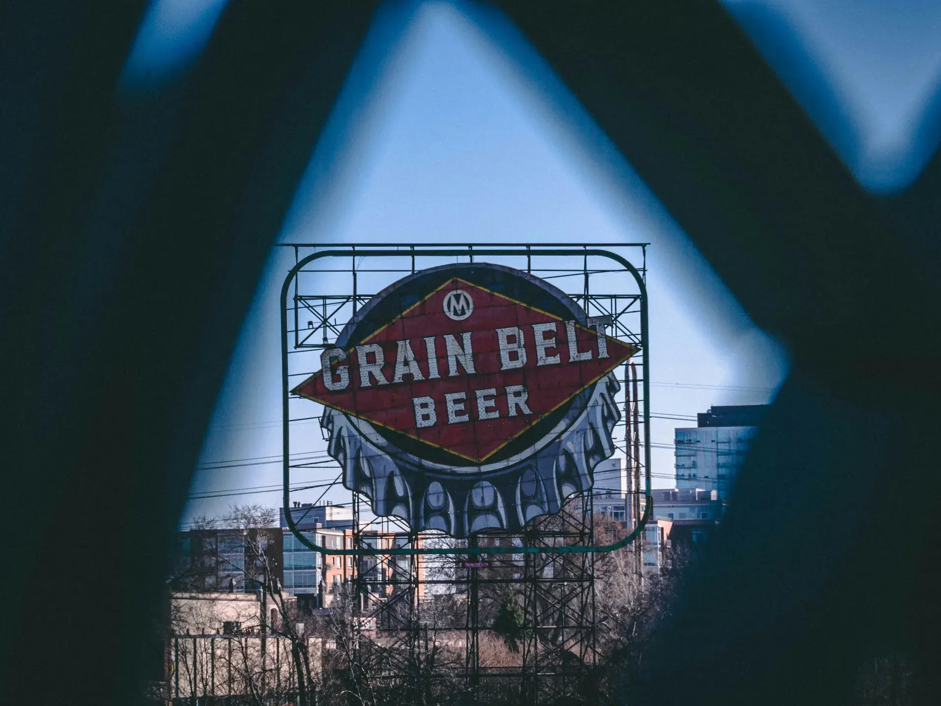 The iconic Grain Belt beer sign in Northeast Minneapolis at night