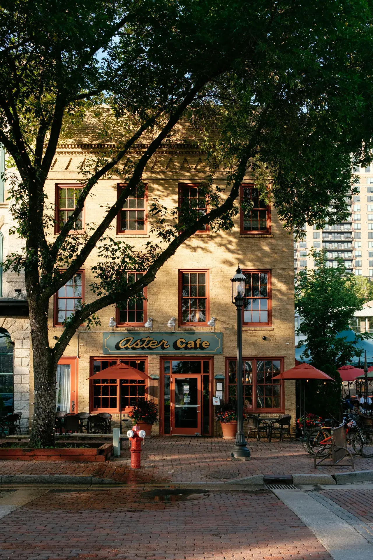 Aster Cafe on St. Anthony Main in summer, representing the diverse Minneapolis food scene
