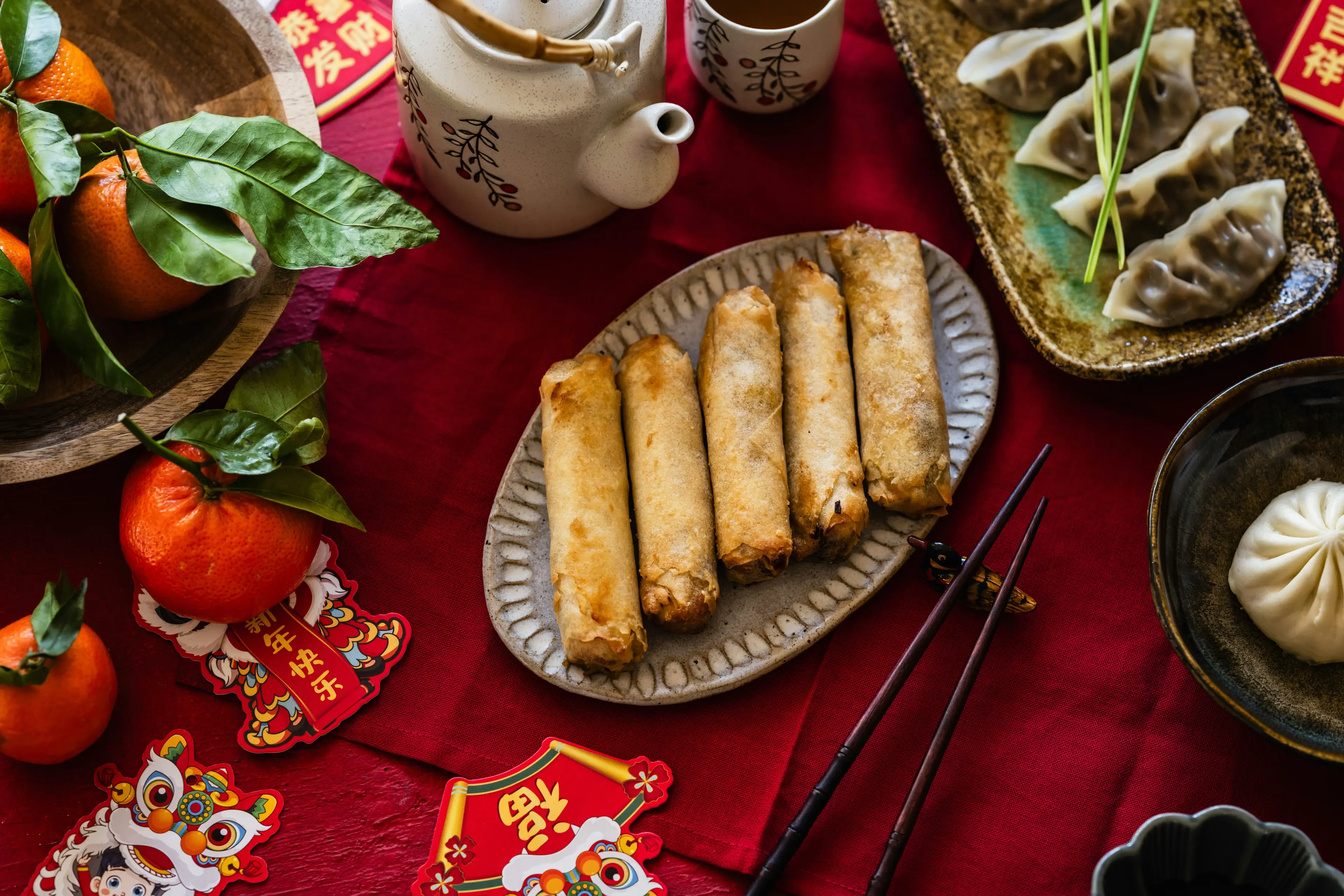 Chinese dim sum with spring rolls and dumplings