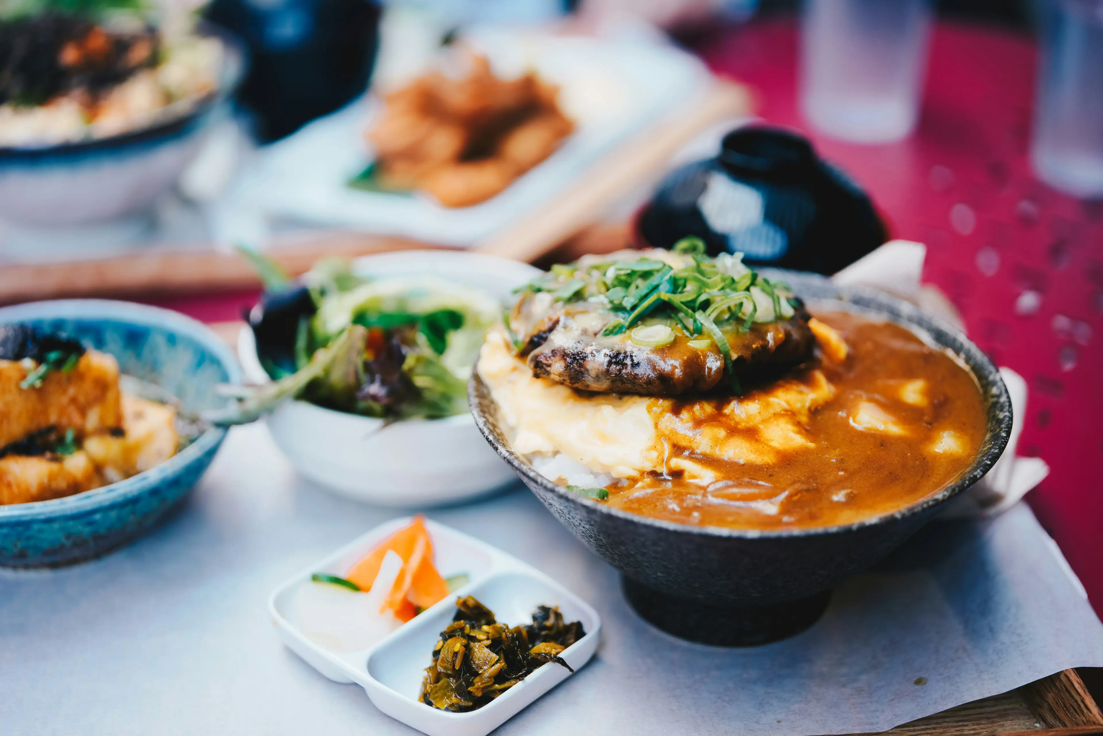 Korean dishes with rice and banchan