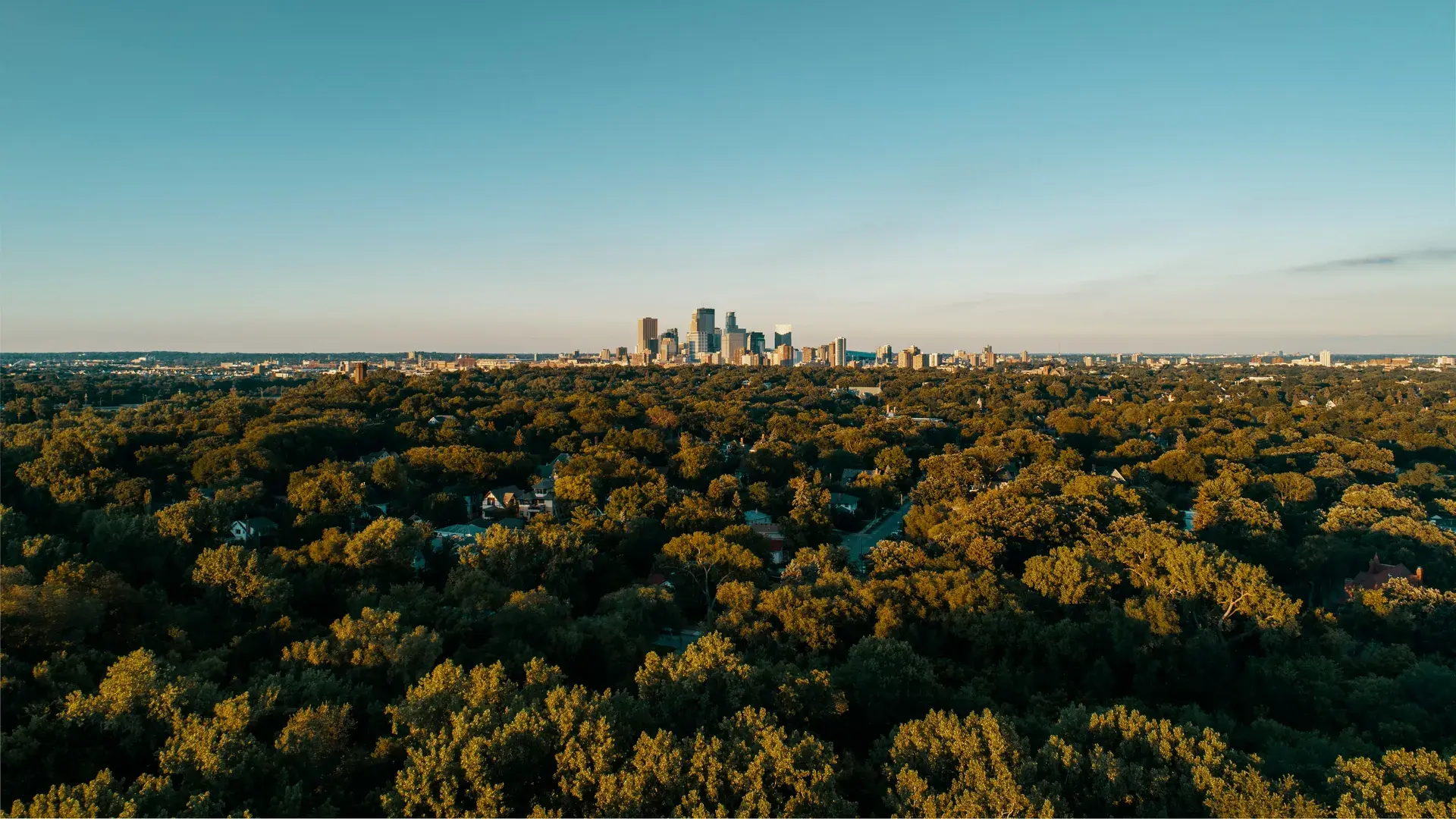 The Minneapolis skyline rising above a lush tree canopy during golden hour, inviting exploration of the city's neighborhoods