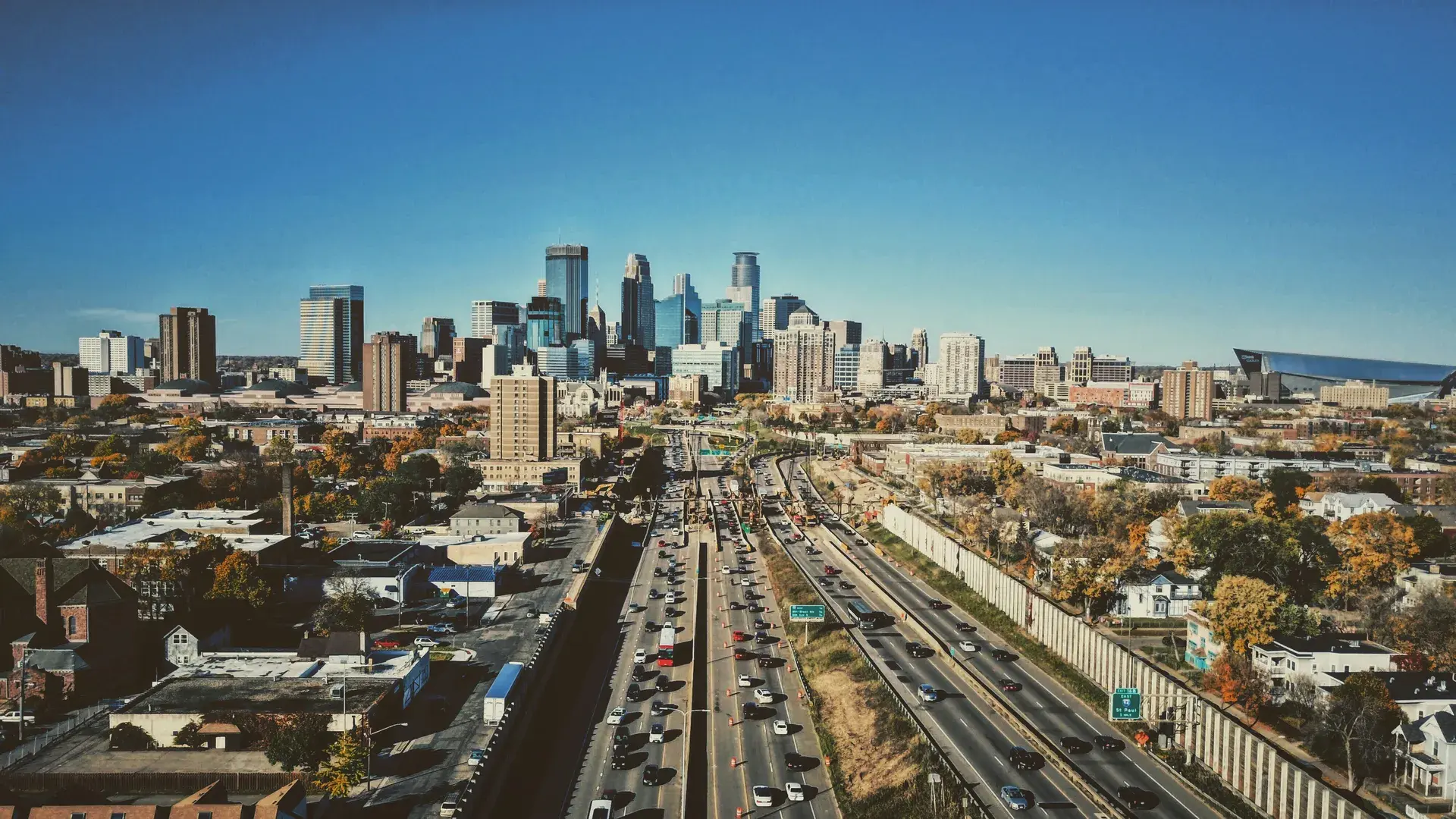Minneapolis skyline from I-35W in fall