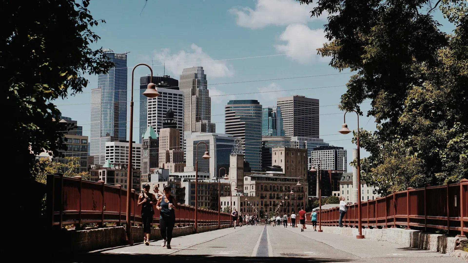 The Stone Arch Bridge and St. Anthony Falls as seen from the east bank riverfront in St. Anthony West, Minneapolis