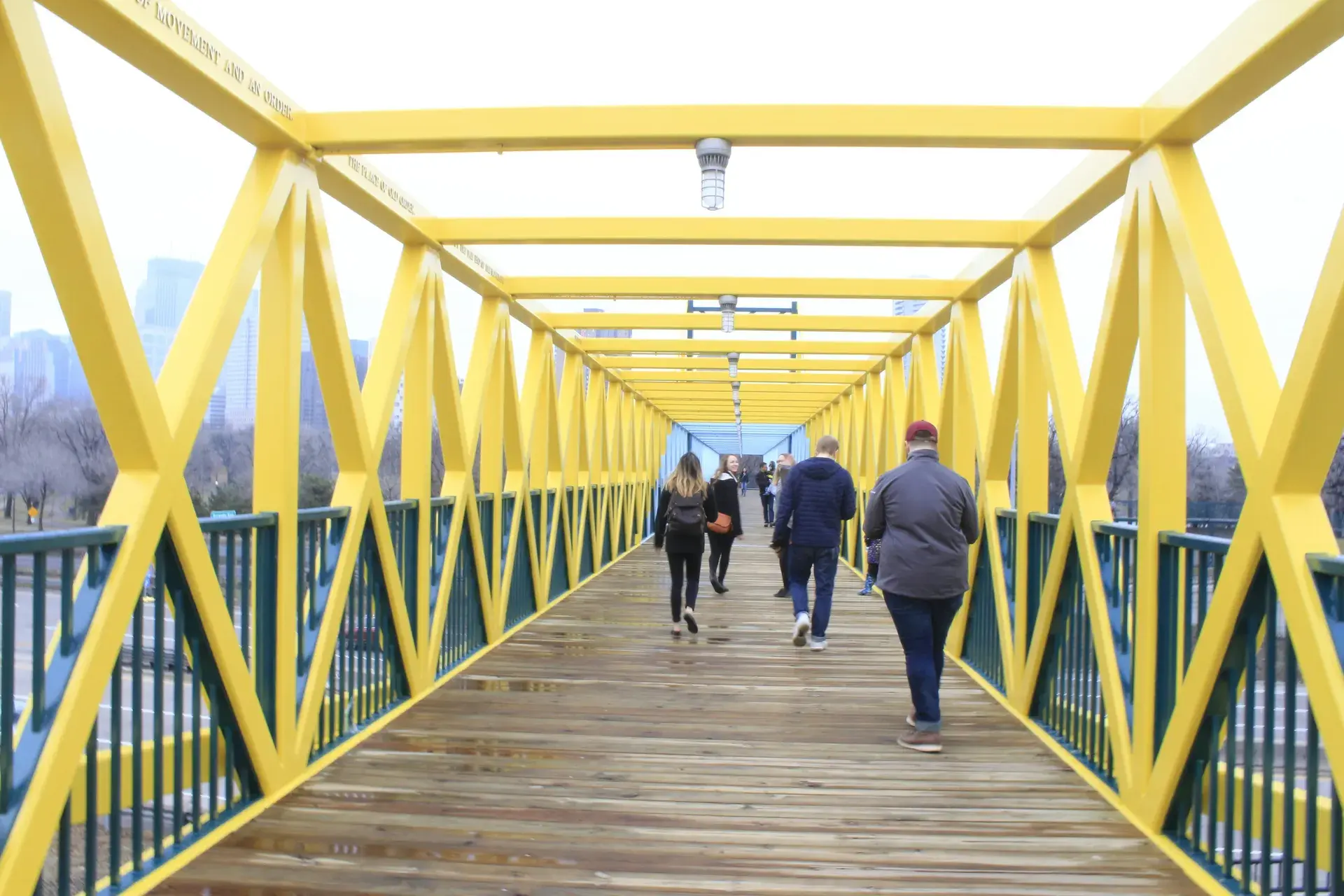 Pedestrians on the Sabo Bridge in Minneapolis