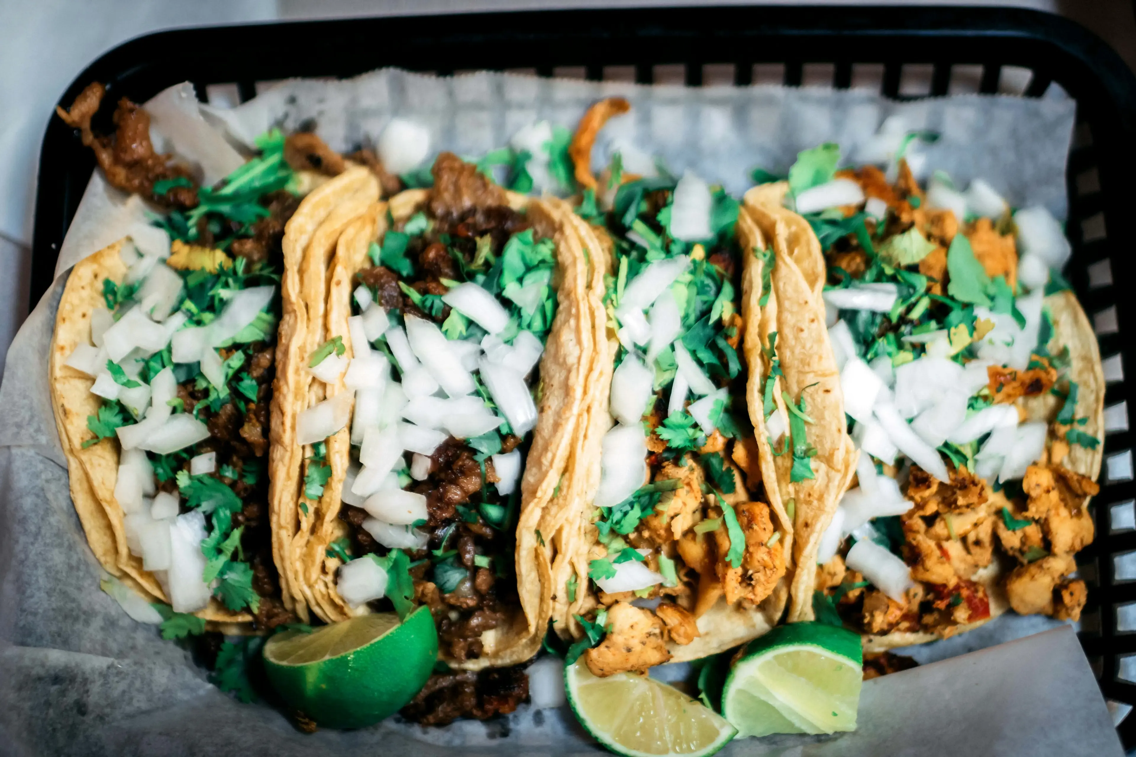 Street tacos with cilantro, onion, and lime