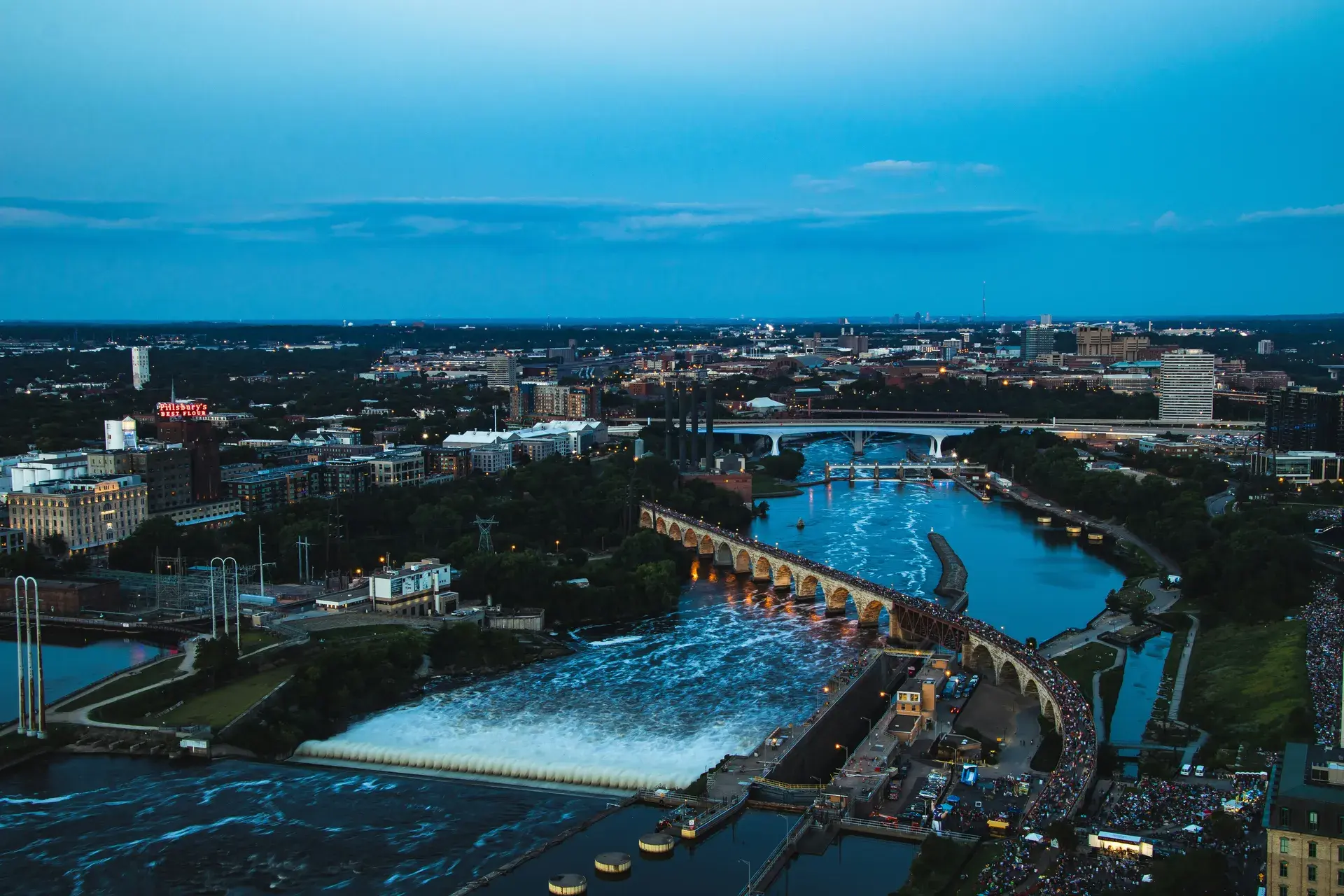 Stone Arch Bridge and the Mississippi River at blue hour in Minneapolis