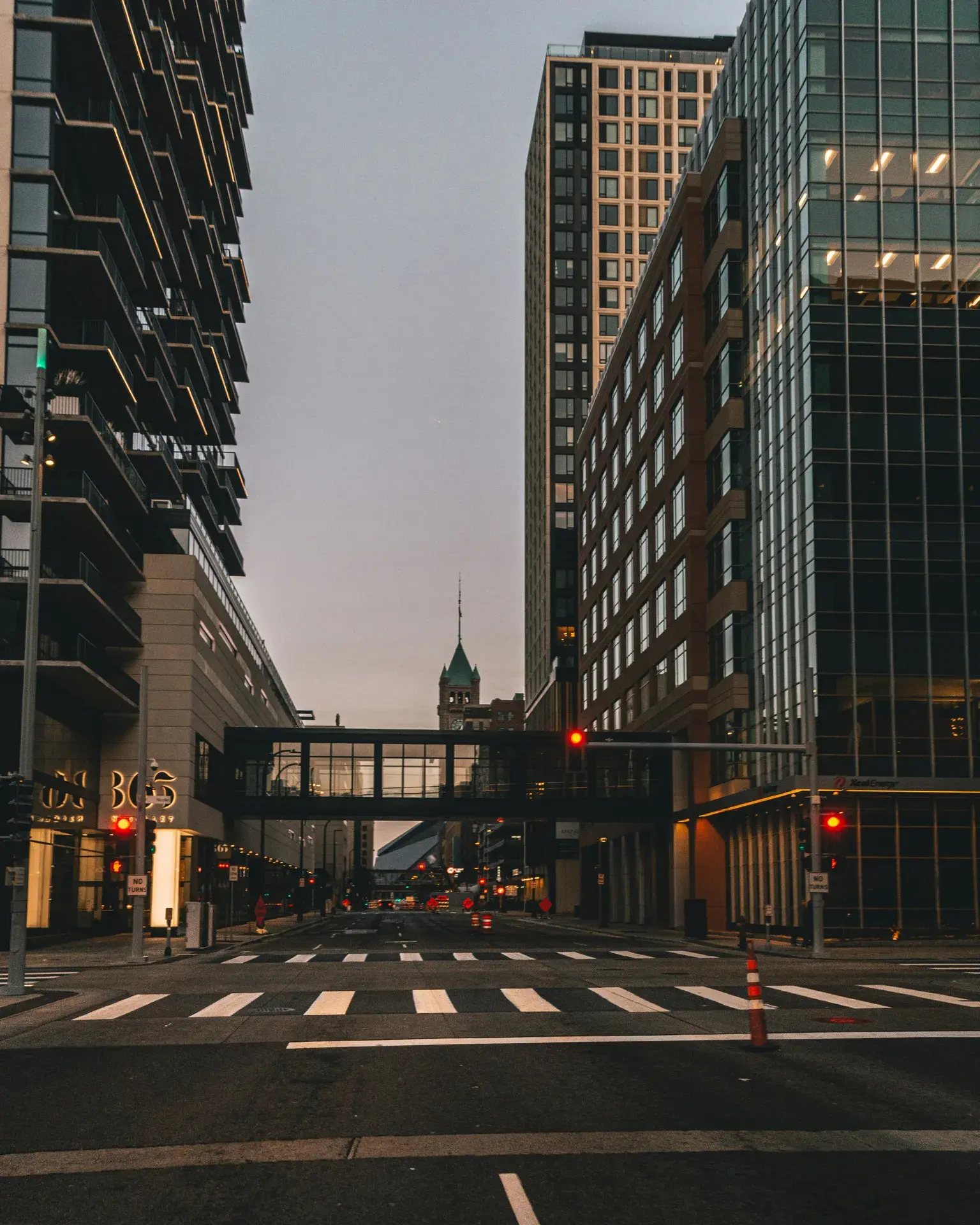The IDS Center and the Minneapolis skyline along Nicollet Mall at dusk